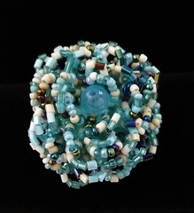 Handmade Ring GLASS BEADS AQUA BLUE TURQUOISE PEACOCK BEIGE 2 inch 6-11 Adjust