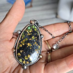 Rare Blackjack Turquoise, Mixed-Metal Artisan Statement Necklace in SS with 18kt