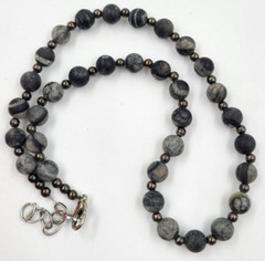 Labradorite Larvikite Stone Bead Protection Necklace 17″ Gray Black Swirls
