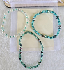 Handmade Stretch Bracelets Blue Green beads with white Jade set of 3 USA made