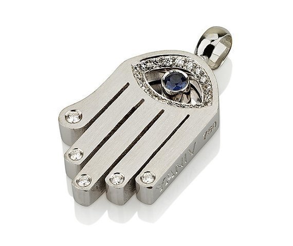 Evil Eye Hamsa Jewish Pendant 18K White Gold Sapphire and Diamond Solid Jewelry