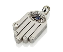 Evil Eye Hamsa Jewish Pendant 18K White Gold Sapphire and Diamond Solid Jewelry