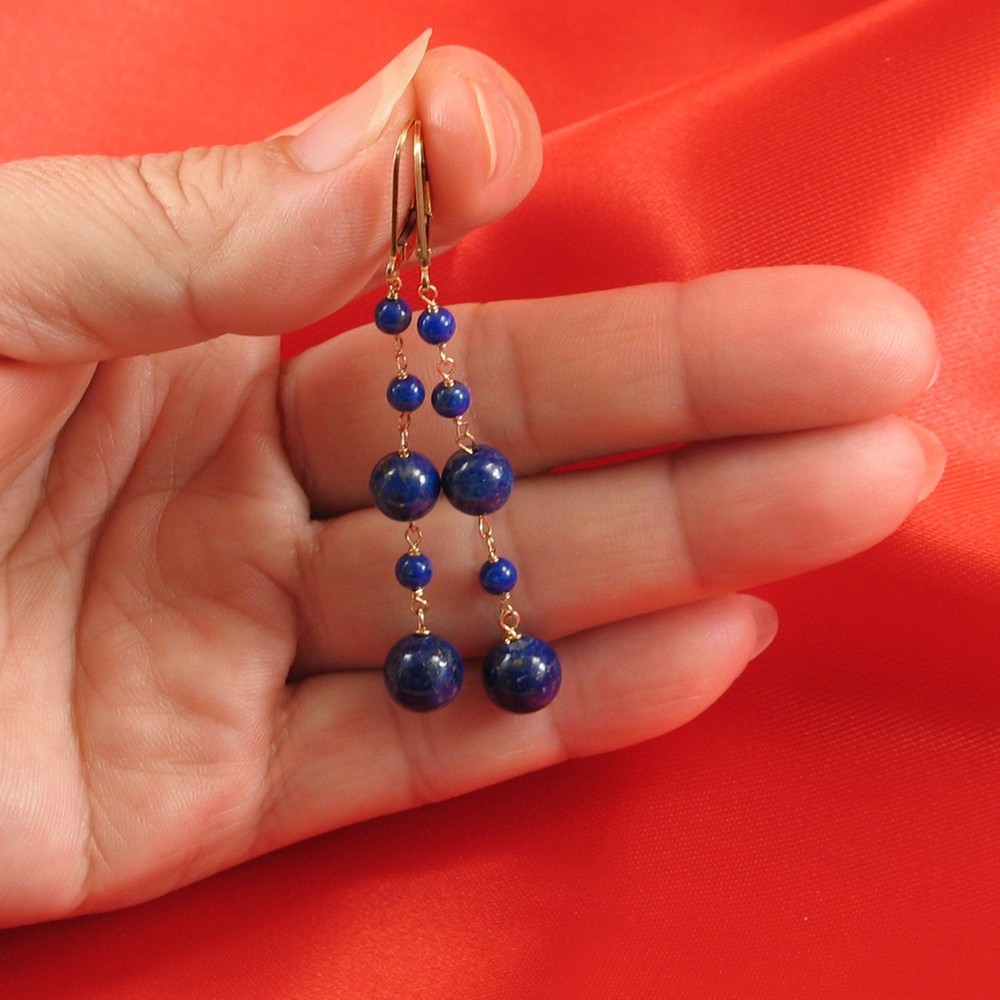 14K Yellow Gold-Filled Lapis Lazuli Leverback Drop Earrings (4+9 Beads)