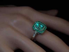 Sparkling Bluish Green Emerald Cut 3.15CT Emerald & White CZ Halo Vintage Ring