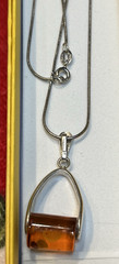 Vintage Sterling Silver Mex V-Shape Holder of Roller Shaped Amber Stone Necklace