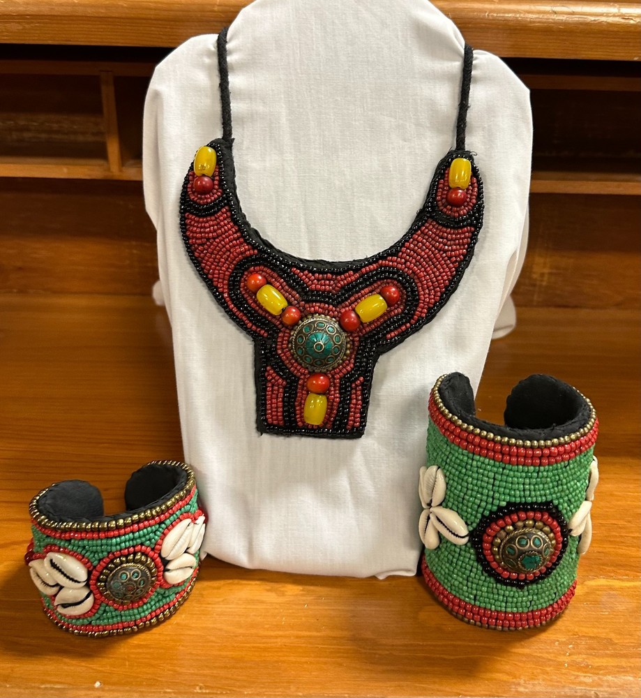 Vintage Tibetan Beaded Necklace with Cowry Shells & Matching Cuff Bracelets