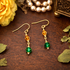 Yellow Diamond Shaped & Faceted Green Crystal Earrings-Plated 925 Sterling Wires