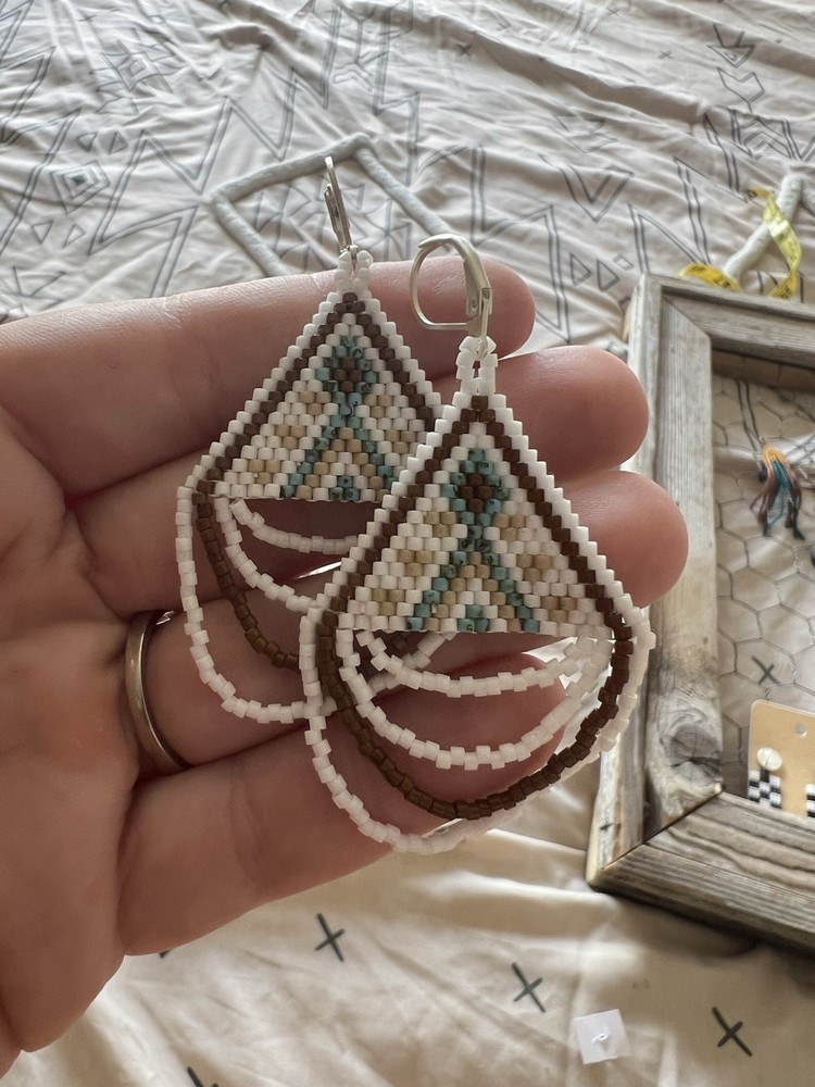 Beaded Geometric Dangle Earrings White Brown Blue Triangle Leverback Closure