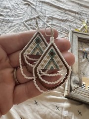 Beaded Geometric Dangle Earrings White Brown Blue Triangle Leverback Closure