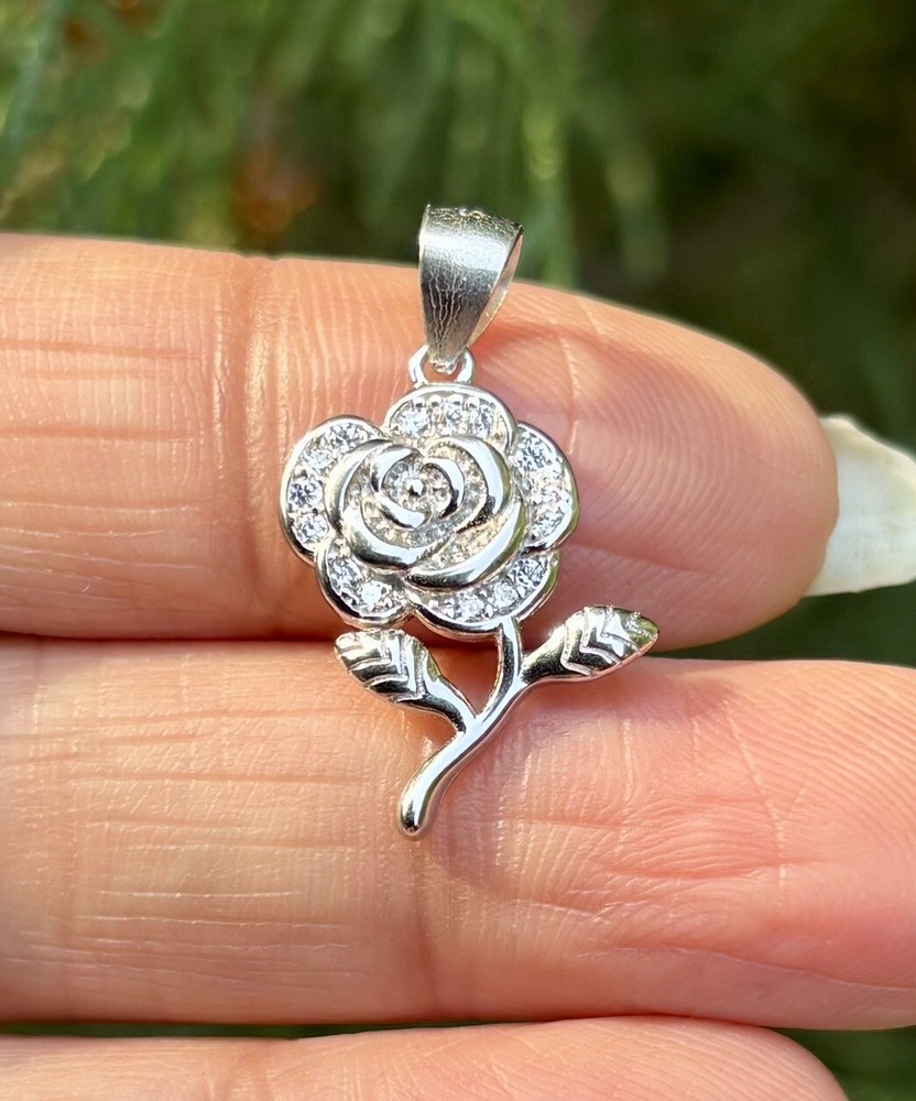 925 Sterling Silver Flower Floral Charm Pendant Cz Small Minimal Jewelry 2.25 g