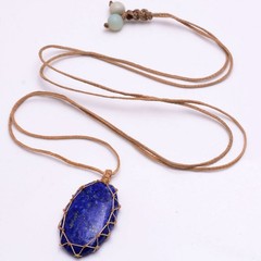 Handmade Natural Lapis Lazuli Cabochon Bohemian Macrame Necklace Healing Pendant