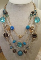 Triple gold tone chains – Various Blue, Brown and Amber Glass beaded Necklace
