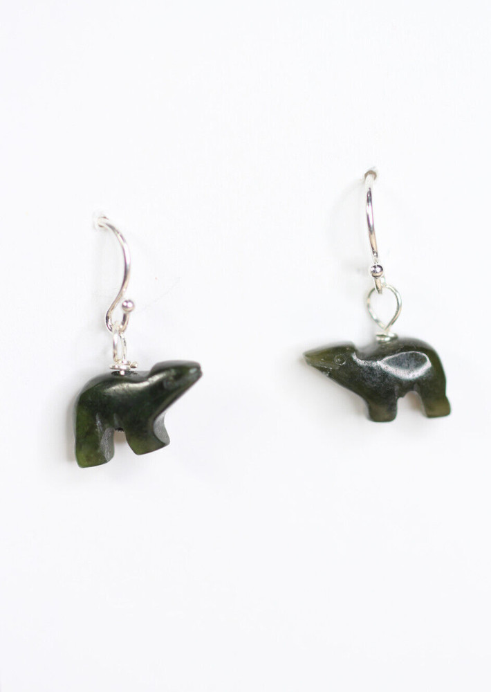 Jade Green 8 x 13mm Bear Hand Carved Gemstone .925 Sterling Silver Earrings 3/4″