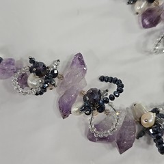 ROUGH AMETHYST CRYSTALS FRESHWATER PEARLS NECKLACE WITH MAGNET CLOSURE (19.5 in)