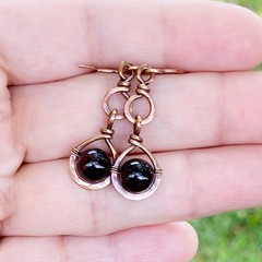 Garnet Wire Wrapped Earrings Copper Teardrop Handcrafted Bohemian Jewelry Stones