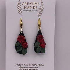 Handmade Black Teardrop Red Rose Earrings Polymer Clay Floral Jewelry