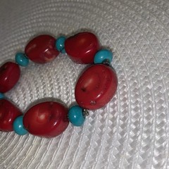 Beautiful Bold Red Coral & Turquoise Stone Stretch Bracelet