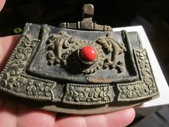 VERY LARGE ARTISAN CRAFTED PENDANT – METAL WITH LEATHER 3 1/2″ X 5″ – BBA34