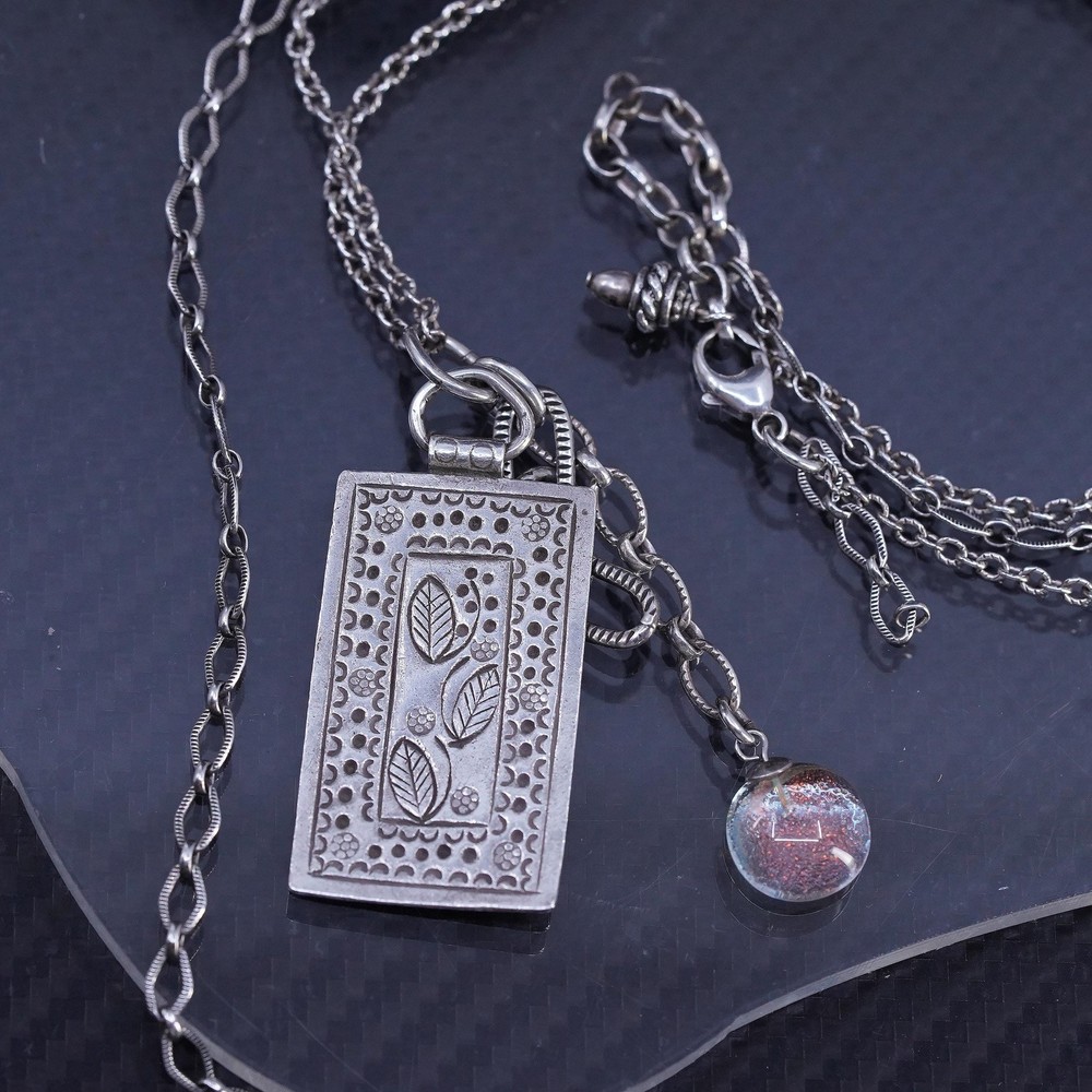17+1”, sterling silver 925 multi necklace textured tag pendant lampwork glass