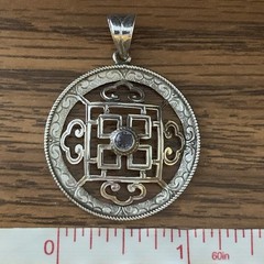 Sterling Silver Round Ornate Scroll Filigree Cutout Iolite Pendant Nepal EUC