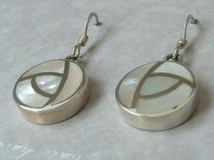 Vintage 13mm Sterling Dangle Earrings, Mother of Pearl Inlay, Konder #1063