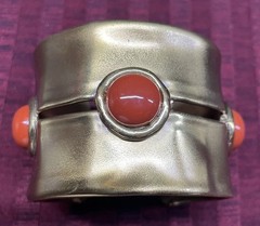 VTG Hand Made Brass And Red Jasper Cabochon Cuff Bracelet Costume/Brutalist
