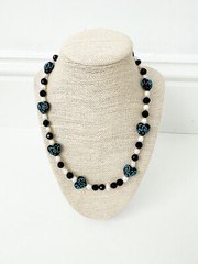 NWT Genuine Lampwork Glass, Pearls & Crystal Necklace Hearts Black White