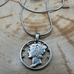 Antique U.S. Silver Mercury Dime Hand Cut Coin Necklace Pendant 18″ NEW