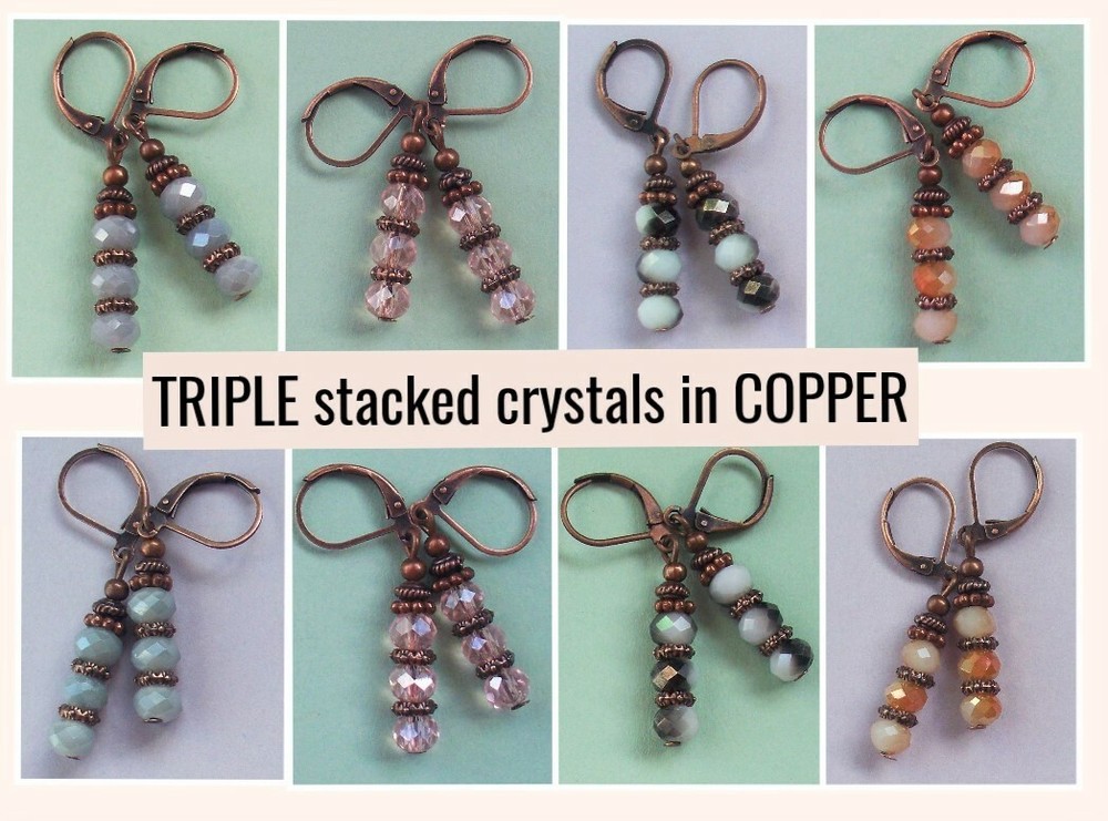 TRIPLE Faceted Chinese Crystals COPPER earrings handcrafted CHOOSE