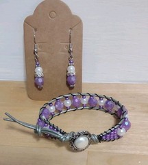 Purple Radiance Single Wrap Beaded Leather Bracelet With Earrings Set