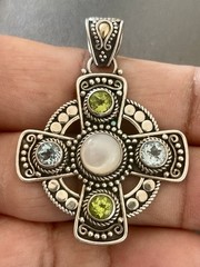 18K STERLING SILVER 925 CROSS PENDANT BALI MOP, BLUE TOPAZ, & PERIDOT (K19)
