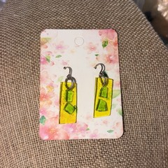 Handcrafted Rectangle Dangle Earrings Green An Yellow Sea Glass 925 Hooks