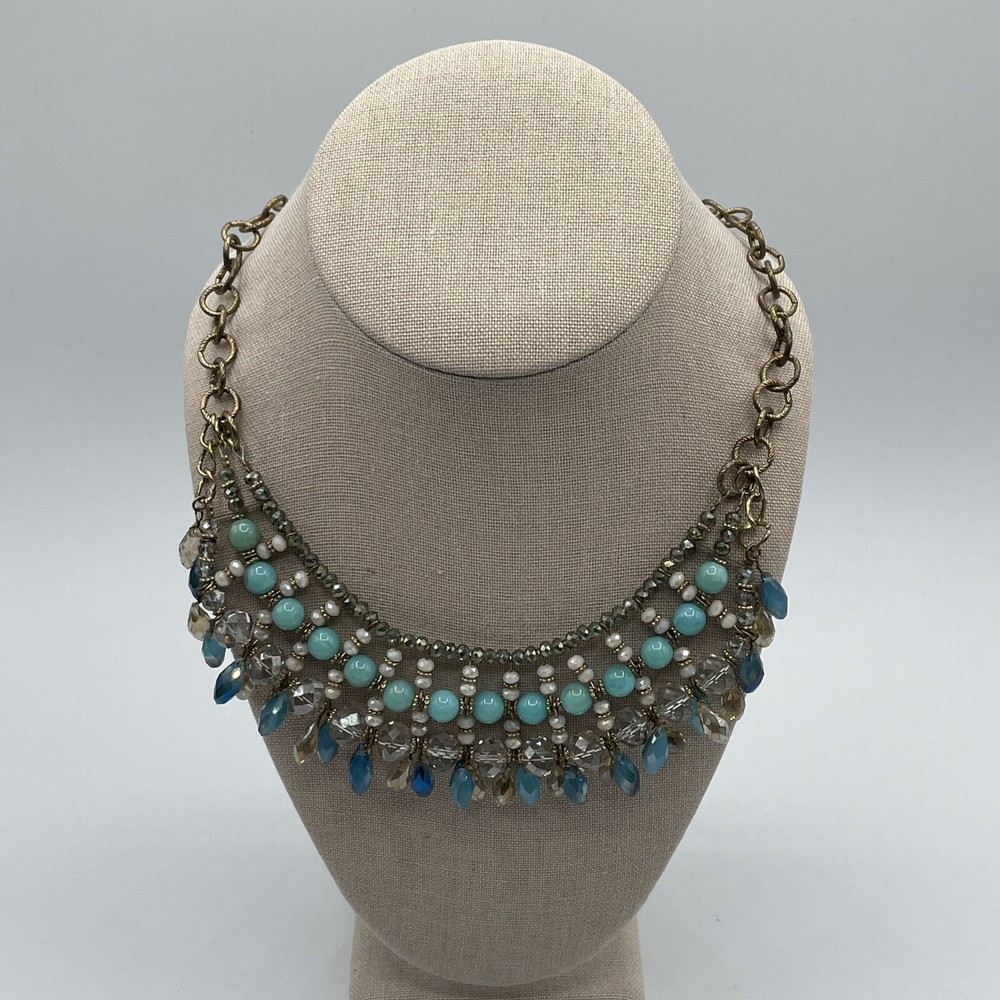 Artisan Gold Tone Chain Teal Blue Crystal & Acrylic Beaded Bib Fashion Necklace