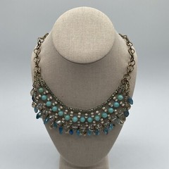 Artisan Gold Tone Chain Teal Blue Crystal & Acrylic Beaded Bib Fashion Necklace
