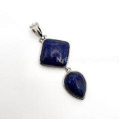 Natural Lapis Lazuli Two-Stone Pendant Silver Plated Geometric Square & Teardrop