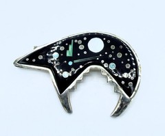 Signed Calvin Begay Starry Night Sky Bear Pin/Pendant Mother of Pearl Onyx +