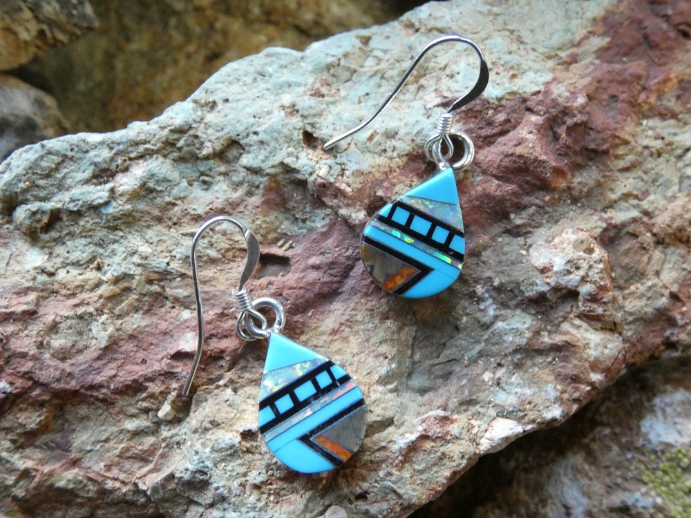 Tear Drop Turquoise Gemstone Fire Opal Earrings Sterling Silver 925 NEW AC82