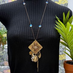 Adorned Crown Jewelry assemblage filigree and charm crystal long necklace