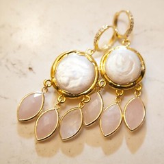 Rose Quartz Earrings, Cultured Keshi Pearl, Pink Quartz 24K Gold Vermeil Earring