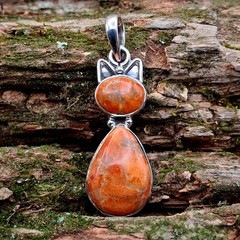 Spiny Oyster Cat Pendant Sterling Silver 925 Southwestern Style Orange Stone