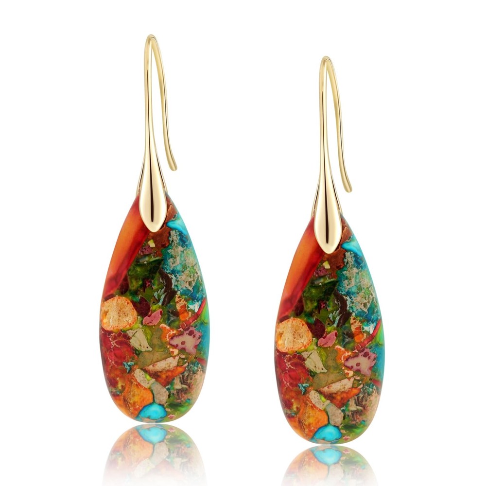 Sriomu Natural Healing Stone Fishhoop Dangle Drop Earrings Statement Gold