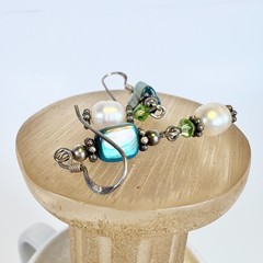 Vintage Sterling Silver Dangle Earrings Blue MOP & Fresh Water Pearls Green Boho