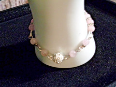 Artisan crafted 7” bracelet of rose quartz, silver plated rhinestone spacers and