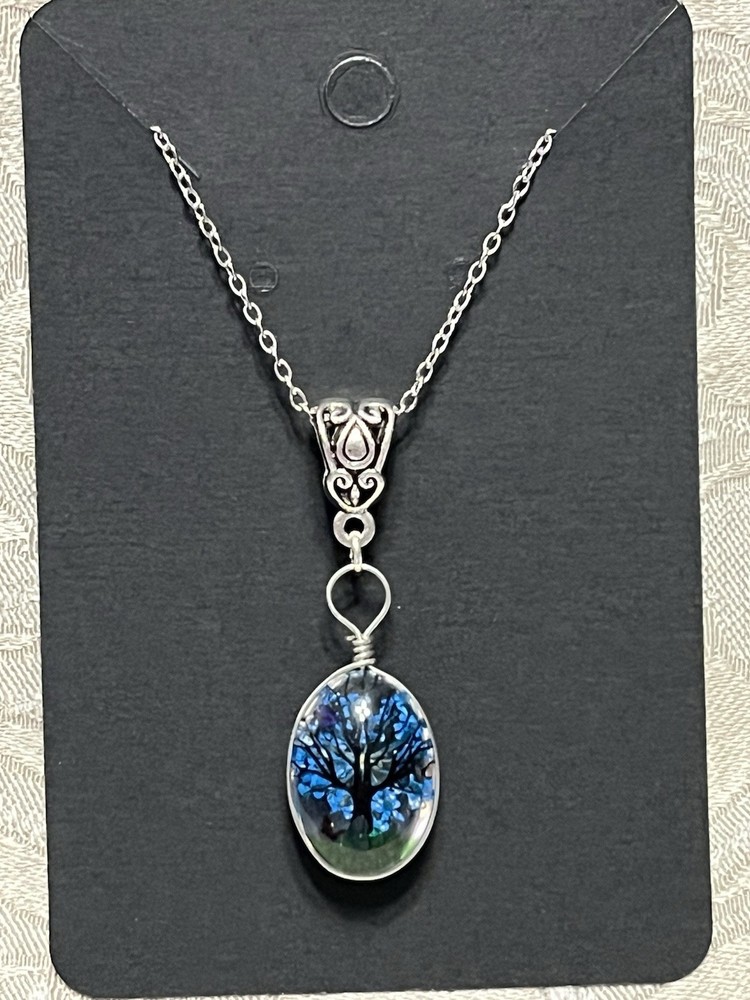 Pendant Nature Flower Tree Lacework Glass Two Sided Silver 18” Boho Necklace