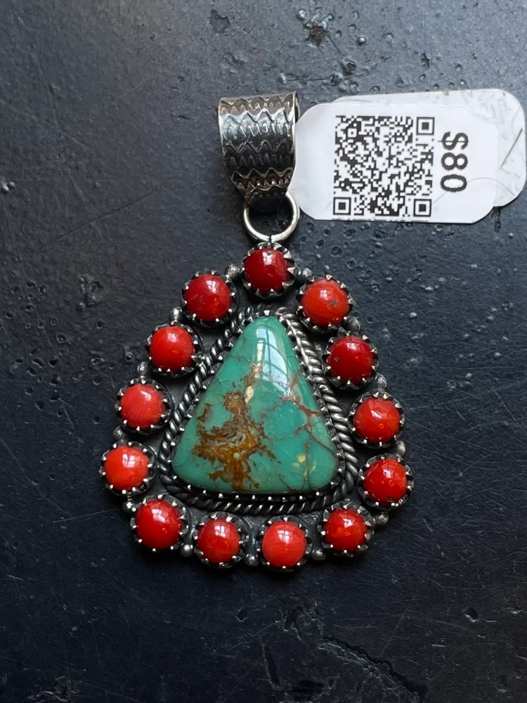 Kingman Turquoise Coral Cluster Pendant | Sterling Silver | A525