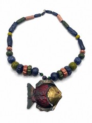 Artisan Metal Fish Pendant Ceramic Bead Necklace Colorful Signed Jewelry