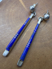Native American Lapis Inlay Dangle Bar Earrings Sterling Silver 925