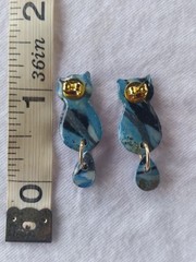 Handcrafted Polymer Clay Resin Gold Dangle Stud Earrings Blue Black White Cat