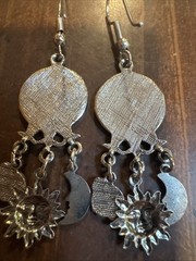 Sun Crescent Moon Saturn Earrings Star Dangle Silver Tone 2” Artisan