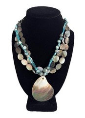 Artisan Blue Glass, Pearl, Shell Bead 3-Strand Pendant Toggle Necklace 17″